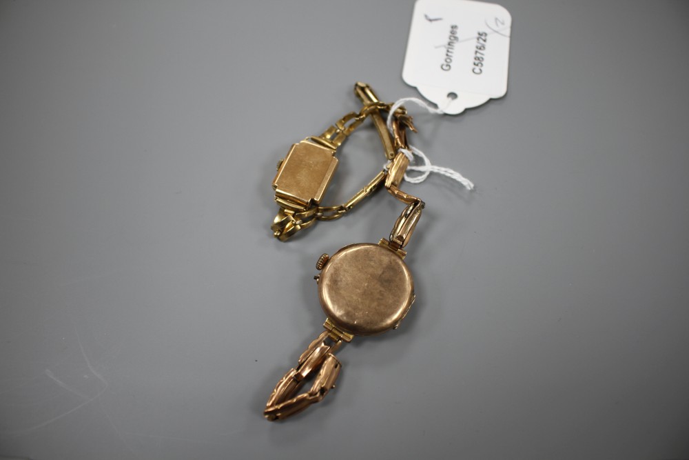 An early 20th century 9ct gold manual wind wrist watch (a.f.) on a 9ct flexible strap and a ladys 18k watch.